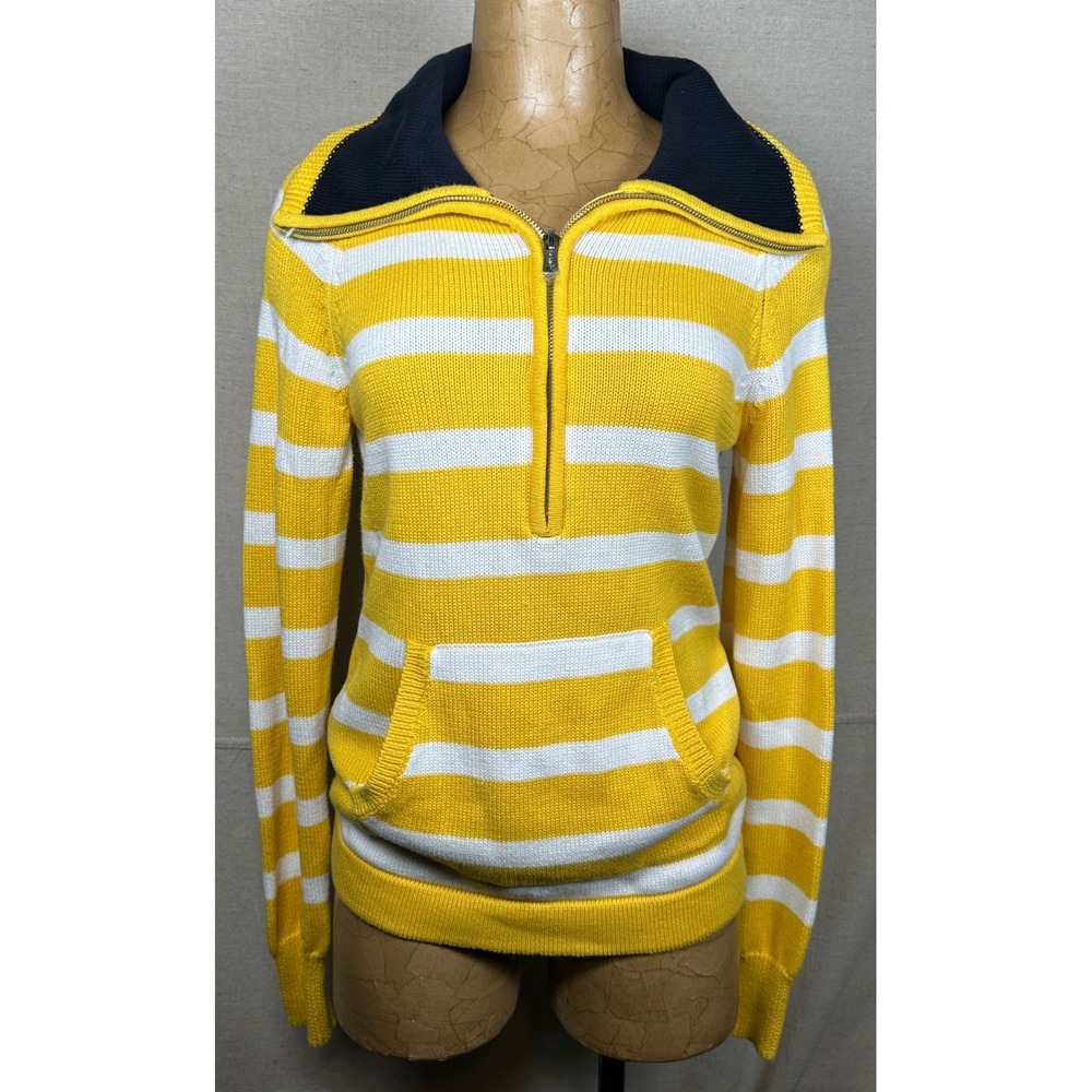Lauren Ralph Lauren Yellow White Stripe Quarter Zip Pullover Sweater Tennis Prep